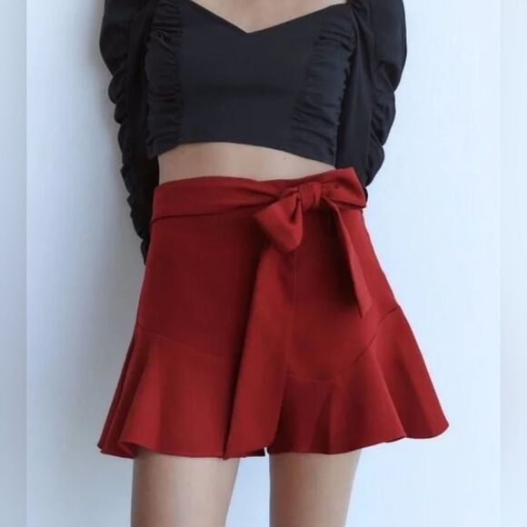 Zara red high waisted bow trim skirt skort size XS - Picture 1 of 9